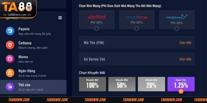 Ta88 hỗ trợ nạp tiền qua thẻ cào điện thoại