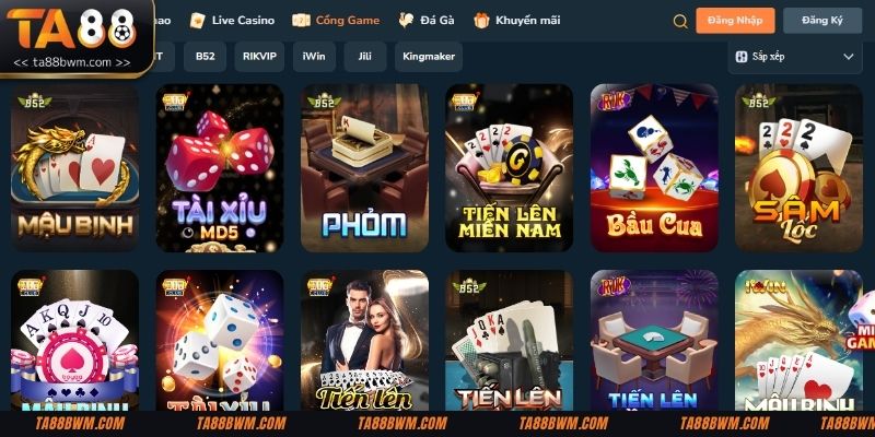 Sảnh game bài TA88 là nơi quy tụ hàng loạt tựa game kinh điển